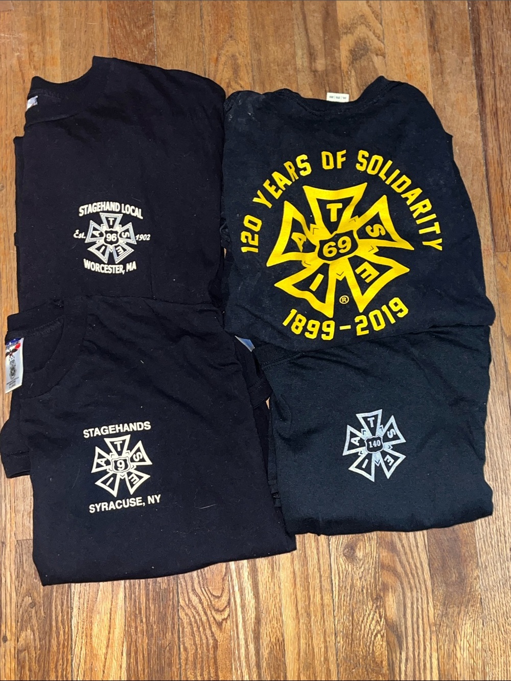 Set of four 2xl and xl Iatse stagehand local tees 97, 69, 9 and 140